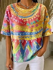economico Maglietta Arte &amp; Design-Per donna Maglietta Waffle Top a maglia con texture A strisce Floreale Grafico Geometrico Elegante Classico Manica Corta Girocollo Top Regolari Casuale Quotidiano Blu Giallo Verde Cachi Estate