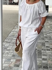 preiswerte Blusenanzüge für Damen-Damen Hosen-Sets Kunstbaumwollleinen Kurzarm Rundhalsausschnitt Einfarbig Mode Streetwear Lässig Täglich Outdoor Blau Schwarz Weiß Frühling &amp; Sommer Lässiger Schnitt