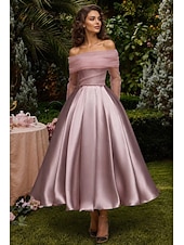preiswerte Cocktailkleider-Ballkleid A-Linie Knöchellänge Cocktailkleider Partykleider Elegant Vintage Langarm Schulterfrei Hochzeit Formell Abnehmbar Satin mit Schal