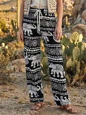 tanie Spodnie boho-Damskie Spodnie szerokie nogawki Typu Chino Spodnie codzienne Spodnie Urlop Moda Podstawowy Pełna długość Średni Talia W Tureckie Wzory Kieszeń Elastyczny pas Nadruk Wygodne Komfort Oddychalność