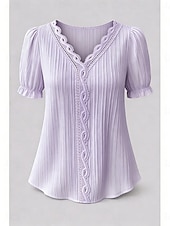  Femmes T-shirt Dentelle Patchwork Uni Mode Élégant Classique Manche Courte Col en V Hauts Réguliers Quotidien Sortir Week-end Blanche Jaune Bleu Ciel Violet Été Printemps