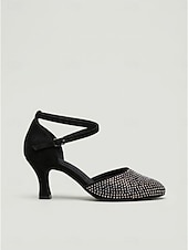 economico Scarpe da ballo di sala e danza moderna-Scarpe da ballo da sala nere da donna, con punta chiusa e cinturino incrociato con strass, ideali per la pratica di balli standard, valzer e tango. &amp; formazione