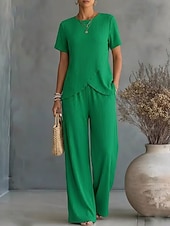  Dames T-shirt Broeken Sets Bolero Korte mouw Strakke ronde hals Effen Kleur Modieus Streetwear Dagelijks Buiten Vakantie blauw Wijn Groen Zomer Ruim Passend