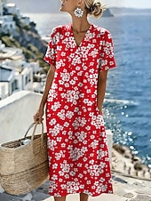 ieftine Rochii florale-Pentru femei Rochii Midi Rochie de schimb Rochie de Vară Vacanță Casual Stiluri de Plajă Potrivire Largă Floral Grafic Manșon scurt În V Albastru piscină Roz Îmbujorat Roșu-aprins Mov Vară Primăvară