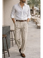 economico Giacche e Completi uomo-Pantaloni eleganti da uomo in lino, plissettati, vestibilità comoda – pantaloni estivi leggeri e casual, gamba larga e dritta, disponibili in marrone, blu navy e beige.