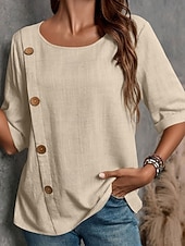 preiswerte Hemden-Damen Bluse Hemd aus Leinenimitat Knöpfe Einfarbig Stilvoll Basic Lässig Halbarm Rundhalsausschnitt Normale Oberteile Täglich Blau Schwarz Weiß Armeegrün Rote Sommer Frühling Herbst
