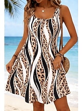 levne Umění a design šaty-Dámské Šaty ke kolenům Áčkové šaty prázdniny Na běžné nošení Plážový styl Plážové Dovolená Volný Grafika Leopard Bez rukávů Do U Vodní modrá Černá Hnědá Léto Jaro