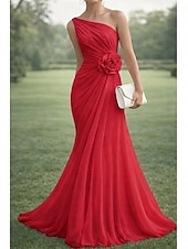 economico Abiti da Sera a Linea A-Linea ad A Lunghezza al pavimento Abito da Sera Da principessa Elegante Madre della sposa Senza Maniche Monospalla Matrimonio Formale Chiffon con Fiore ricamato Pieghe Arricciato