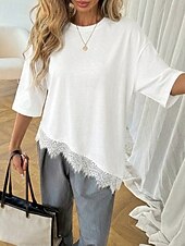 Χαμηλού Κόστους Απλή μπλούζα-Γυναικεία Κομψή Χιτώνας Μπλουζάκι Ασύμμετρο στρίφωμα Σκέτο Κομψό Βοημία Κοντομάνικο Στρογγυλή Ψηλή Λαιμόκοψη Μακριές μπλούζες Causal Μαύρο Λευκό Καλοκαίρι Άνοιξη