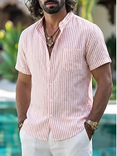 abordables Vacaciones-Hombre Camisa Camisa de lino Camisa de verano Camisa de playa camisa hawaiana Tiras verticales Casual Diario Azul Piscina Rosa Manga Corta Cuello Primavera verano Ropa