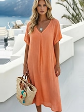 abordables Vestidos-Mujer Vestido Midi Vestidos con tacto de lino Moda Moderno Exterior Vacaciones Festivos Holgado Plano Manga Corta Escote en Pico Azul Real Naranja Verde Trébol Rosa Rojo Verano Primavera