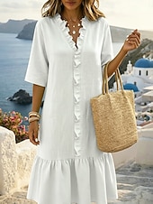 economico Vestiti-Per donna Abito al ginocchio Abiti di lino Abito in lino Essenziale Spiaggia Vacanza Vestibilità comoda Colore Puro Mezza Manica Scollo a V Nero Bianco Verde Estate