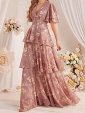 baratos Vestidos de chiffon-Mulheres Vestido Longo Vestido de chiffon Vestido casual Vestido floral Elegante Moda Moderno Ao ar livre Férias Para Noite Normal Floral Manga Curta Decote V Preto Rosa Verão Primavera