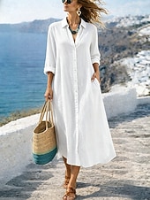 abordables Dresses-Women's Maxi Dress Cotton Linen Dresses Shift Dress Basic Daily Loose Fit Plain Long Sleeve Shirt Collar Black White Light Brown Orange Summer Spring Fall
