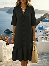 economico Vestiti-Per donna Abito al ginocchio Abiti di lino Abito in lino Essenziale Spiaggia Vacanza Vestibilità comoda Colore Puro Mezza Manica Scollo a V Nero Bianco Verde Estate