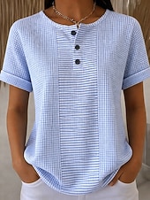  Kvinnors våffel T-shirt tryck bröstknappar grafisk geometrisk rutig stilren klassisk modern kortärmad Henley långa toppar daglig blå gul rosa röd ljus lila sommar vår