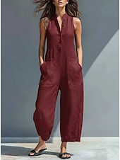 abordables Fondos-Mujer Normal Mono con tacto de lino Activo Color sólido Sin Mangas Perneras anchas Escote en Pico Bolsillo Botones Diario Vacaciones Holgado Azul Piscina Negro Blanco Verano