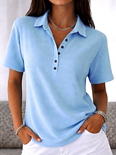  Жен. Туника Пуговицы Сплошной цвет Полотняное плетение Винтаж Стиль Классика С короткими рукавами Отложной Обычные топы Повседневные Черный Белый Розовый Красный Светло-синий Лето Весна