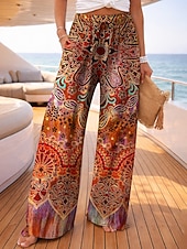 abordables jambe large et taille haute-Femmes Jambe large Pantalons Vacances Mode Streetwear Longueur complète Taille Moyenne Fleuri Graphique Avec Poches Taille Élastique Imprimé Confortable Confort Respirabilité Non Elastique Quotidien