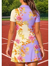 cheap Women's Tennis Dress-Women's Floral Sports Dress Tennis Polo Dress Short Sleeve Quarter Zip UPF50+ Elastic Sweat-Wicking Breathable Volleyball Tennis Golf Collar Turndown Dress Jersey Purple Tennis Clothing