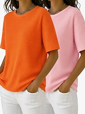  Wielopak 2 szt. damskich T-shirtów z waflowym wzorem, dzianinowe topy z waflowym wzorem, jednolity kolor, stylowy, podstawowy, klasyczny, krótki rękaw, okrągły dekolt, regularny top, swobodny, codzienny, plażowy, różowy + pomarańczowy