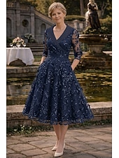economico Lunghezza del tè-Linea ad A Lunghezza Tè Abito da cerimonia per signora Manica 3/4 Scollo a V Bavero Elegante Vintage Formale Ospite di nozze Raso Pizzo con Fiori 3D Arricciato Ricamo