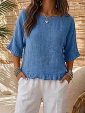 cheap Shirts-Women's Linen-feel Shirts Summer Tops Solid Color Vacation Vintage Short Sleeve Regular Tops Casual Blue Yellow Wine Red Light Purple Summer Spring