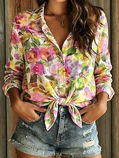 Χαμηλού Κόστους Ριγέ και Γεωμετρικά Μπλούζες-Γυναικεία Πουκάμισο Κουμπιά Στάμπα Γραφική Γεωμετρικό Κομψό Βίντατζ Τροπικό Μακρυμάνικο Κολάρο Πουκαμίσου Κανονικά μπλουζάκια Causal Καθημερινά Δουλειά Κίτρινο Βυσσινί Πράσινο του τριφυλλιού