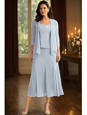 abordables Ensembles de robes pour maman-Ensembles de robes longueur thé robe de invitée de mariage robe de mère de la mariée à manches 3/4 décolleté carré élégante simple pour invité de mariage avec couleur unie