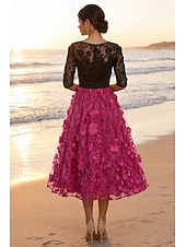 cheap Cocktail Dresses-A-Line Tea Length Lace Dress Cocktail Dresses Elegant Vintage Floral Half Sleeve Crew Neck Garden Party Wedding Pocket Satin Tulle with Embroidered Flower Appliques