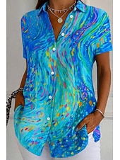 cheap Floral Blouses-Women's Shirt Button Down Shirt Casual Shirt Summer Tops Buttons Print Floral Graphic Vintage Stylish Modern Sleeveless Short Sleeve Shirt Collar Regular Tops Daily Green / Blue Pink Rainbow Summer