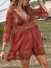 Χαμηλού Κόστους Φορέματα παραλίας-Γυναικεία Μαγιό Που καλύπτει Μαγιό-φόρεμα Μαγιό Δαντέλα Διακοπές Ρούχα παραλίας Συμπαγές Χρώμα Λαιμόκοψη V Μακρυμάνικο Μαγιό