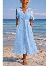 cheap White Lace Dresses-Women's Midi Dress Boho Dress A Line Dress Summer Dress Elegant Fashion Modern Daily Outdoor Beach Loose Fit Plain Short Sleeve V Neck White Purple Light Blue Summer Spring