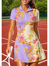 cheap Women's Tennis Dress-Women's Floral Sports Dress Tennis Polo Dress Short Sleeve Quarter Zip UPF50+ Elastic Sweat-Wicking Breathable Volleyball Tennis Golf Collar Turndown Dress Jersey Purple Tennis Clothing