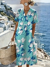 economico Abiti floreali-Per donna Abito Midi Abito a Tubino Vestito Estivo Vacanza Casual Spiaggia Vestibilità regolare Floreale Grafico Manica Corta Scollo a V Blu Bianco Rosa Viola Estate Primavera