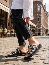 preiswerte Rutschsandalen-Schwarze Slide-Sandalen im Western-Stil für Damen – Riemchensandalen mit silberner Schnalle für Boho- und lässige Sommer-Outfits