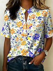 economico Bluse Floreali-Per donna Blusa Bottoni Stampato Floreale Grafico Vintage Elegante Moderno Mezza Manica Colletto a Camicia Top Regolari Casuale Quotidiano Blu Giallo Rosso Viola Estate Primavera