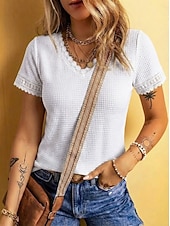 cheap Plain tee-Women's Waffle T-shirt Lace Splicing Top Tee Top Elegant Stylish Short Sleeve V Neck Regular Tops Casual Going out Vacation Wear Blue Black White Green Apricot Summer Spring
