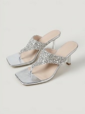 abordables Sandalias de tacón-Women's Silver Rhinestone Thong Heeled Sandals - Sparkling Nightlife Party Dress Shoes