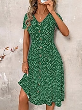 cheap Floral Dress-Women's Midi Dress A Line Dress Casual Outdoor Going out Regular Fit Polka Dot Short Sleeve V Neck Navy Black Wine Green Summer Spring
