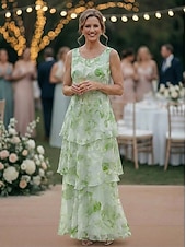 cheap Mom's Dress Sets-Two Piece A-Line Floor Length Wedding Guest Dress Mother of the Bride Dress Sleeveless 3/4 Length Sleeve Scoop Neck Elegant Simple Minimalist Formal Semi Formal Chiffon Jacquard with Floral Print