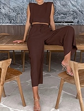 Недорогие Наборы-Women's Cotton Linen Sets Two Piece Sets Camis Sleeveless Crew Neck Plain Vacation Fashion Streetwear Casual Daily Outdoor Orange Brown Green Summer Regular Fit