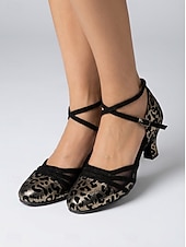 economico Scarpe da ballo di sala e danza moderna-Scarpe da ballo da sala da donna con stampa leopardata – tacco standard a punta tonda con cinturino alla caviglia, per allenamento professionale &amp; prestazione