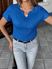  Per donna Maglietta A strisce Semplice Elegante Moda Manica Corta Scollo a V Top Regolari Casuale Quotidiano Spiaggia Blu Primavera