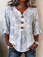 abordables Blusas Florales-Semana Santa Mujer Camisa Floral Graphic Vintage Elegante Manga Larga Escote en Pico Tops largos Casual Diario Festivos Verde Trébol Beige Azul claro Verano Primavera