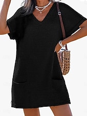 Недорогие Пляжные платья-Жен. Купальники Накидка Купальное платье Платья купальник Пэчворк Карман Отпуск Одежда для пляжа Полотняное плетение V-образный вырез Короткие рукава Купальники