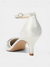 abordables Zapatos de salón de tacón bajo-Zapatos de tacón bajo de satén rosa para mujer, zapatos de salón con tira en el tobillo y punta afilada con pedrería para cócteles y bodas. &amp;eventos nocturnos