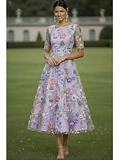 billige Ankellengde-A-linje Kjoler Te-lengde Cocktail Kjole Gjestekjole til bryllup Kjole til brudens mor Halvlange ermer Crew-hals Elegant Fritid Formell Bryllupsgjest Kentucky Derby Chiffon Tyll med Blomstertrykk