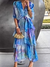 preiswerte Elegante Blumenkleider-Damen Midikleid Chiffonkleid Stufenkleid Druckkleid Mode Modern Urlaub Ausgehen Wochenende Normale Passform Abstrakt Kurzarm V Ausschnitt Blau Gelb Purpur Orange Sommer Frühling