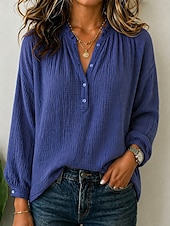 cheap Shirts-Women's 100% Cotton Casual Shirt Ruched Ruffle Solid Color Plain Stylish Casual Long Sleeve Bishop Sleeve V Neck Regular Tops Casual Purple Summer Spring